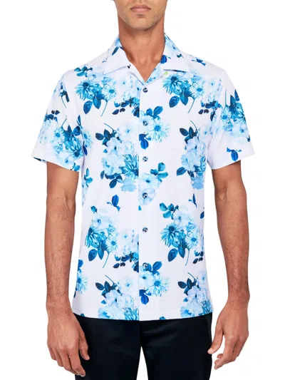 Society Of Threads Men's Regular-fit Non-iron Performance Stretch Floral-print Button-down Camp Shirt In Blue
