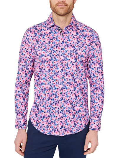 Society Of Threads Men's Slim Fit Non-iron Floral Print Performance Stretch Button-down Shirt In Pink