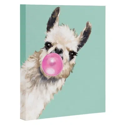 Society6 Bubble Gum Snea Llama Green By Big Nose Works - Print In Wrapped Canvas,no Mat