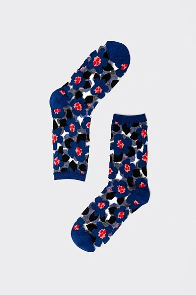 Sock Candy Bold Blue Floral Sheer Sock In Blue, Women's At Urban Outfitters
