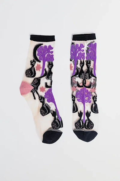 Sock Candy Nocturnal Cats Sheer Sock, Women's At Urban Outfitters In Purple