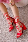 Sock Candy Strawberry Daisy Ruffle Sheer Sock In Red Multi