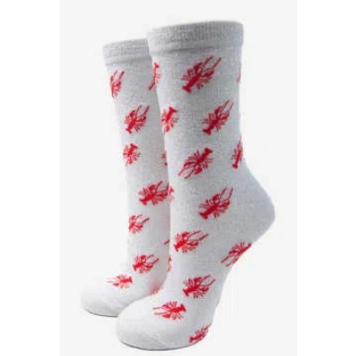 Sock Talk White Red All Over Lobster Print Glitter Socks In Gray