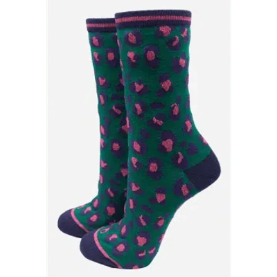 Sock Talk Women's Bamboo Socks Leopard Print Ankle Socks Green Pink In Animal Print