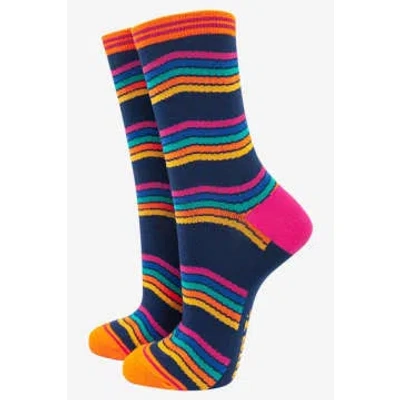 Sock Talk Women's Rainbow Stripe Bamboo Socks In Navy Blue