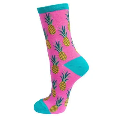 Sock Talk Womens Bamboo Socks Pineapple Print Novelty Ankle Socks Pink