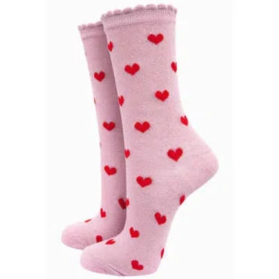Sock Talk Womens Glitter Socks With Scalloped Edge In A Heart Print In Pink