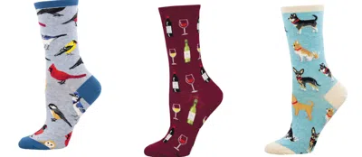 Socksmith Women's Bird Is The Word & Fine Wine & Doggy Style Socks - Set Of 3 Pair In Multi In Gray