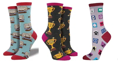 Socksmith Women's Ship In A Bottle & Life Goals & Apps Socks - Set Of 3 Pair In Multi