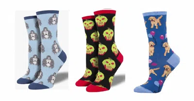 Socksmith Women's Unlikely Friends & Bad Apple & Doodle Party Socks - Set Of 3 Pair In Multi In Blue