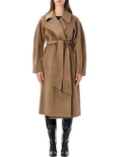 Soeur Belted Wrap Coat In Camel Chine