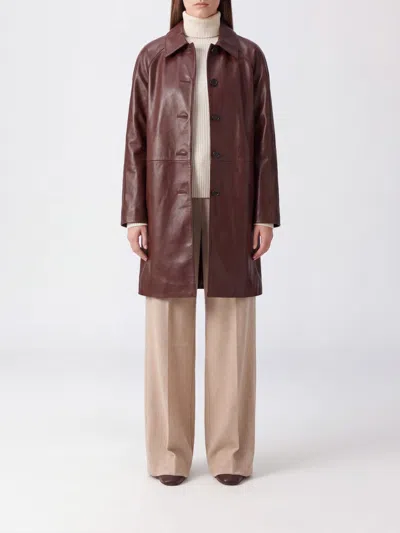 Soeur Knee-length Single-breasted Lambskin Leather Jacket In Brown