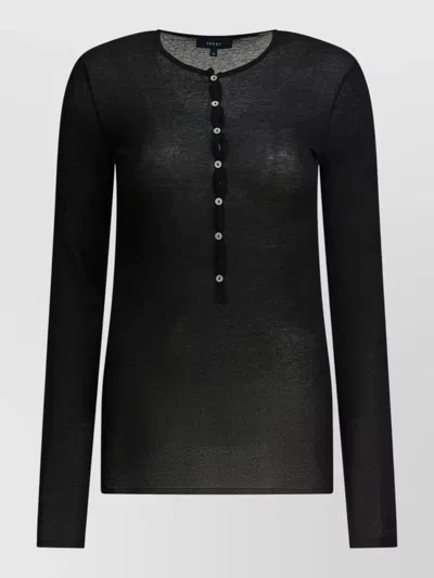 Soeur Long Sleeve Round Neck Sheer Button Top In Black