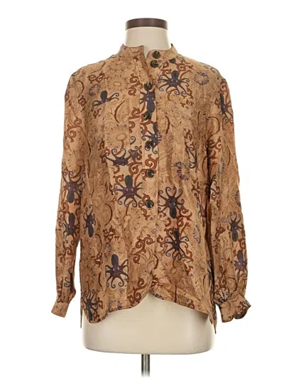 Pre-owned Soeur Long Sleeve Silk Top Brown Paisley Pattern Mock Neckline Tops