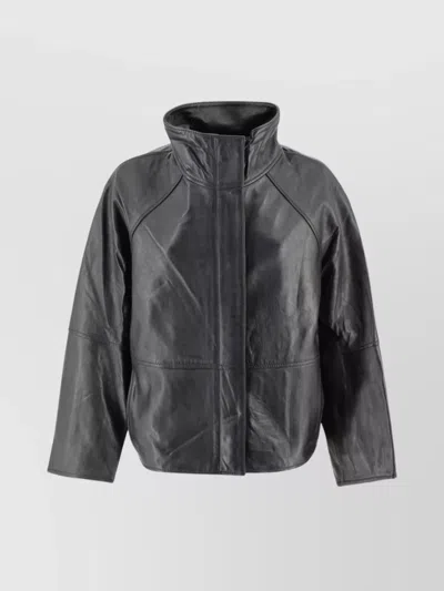 Soeur Oversized Leather Jacket With Raglan Sleeves In Black