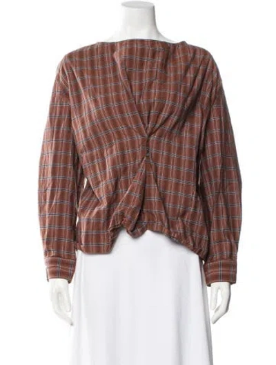 Pre-owned Soeur Plaid Print V-neck Blouse In Brown