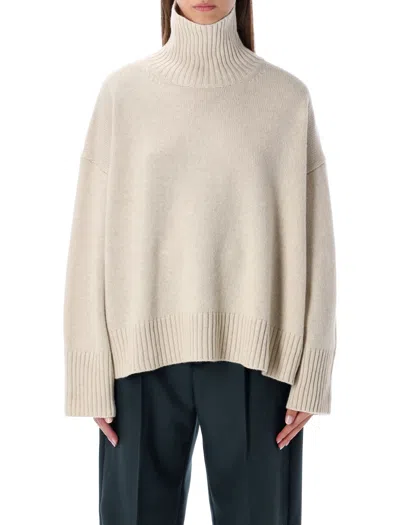 Soeur William Merino Wool High-neck Pullover With Ribbed Cuffs And Dropped Shoulders In Neutral