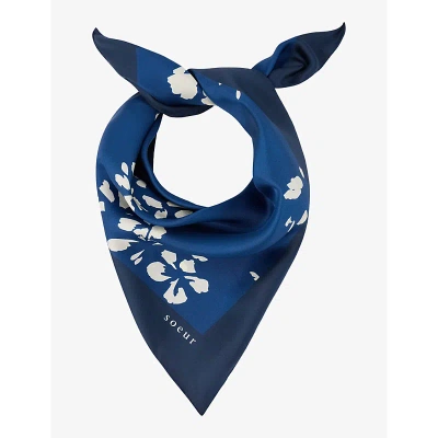 Soeur Capucine Graphic-print Silk Scarf In Bleu/ecru