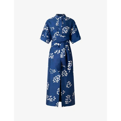 Soeur Andora Floral-print Self-tie Silk Midi Dress In Bleu/ecru