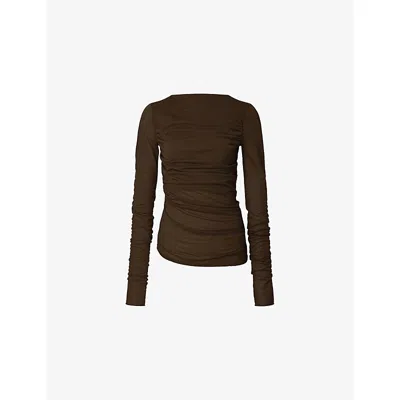 Soeur Womens Marron/kaki Gaia Draped Long-sleeve Cotton-blend T-shirt In Brown