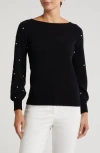 Sofia Cashmere Boat Neck Pearl Sleeve Cashmere Sweater In Black