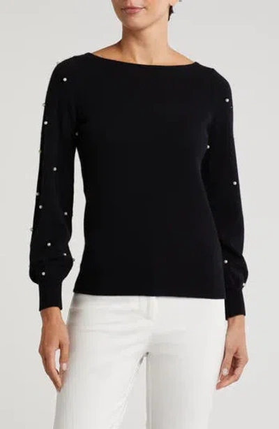 Sofia Cashmere Boat Neck Pearl Sleeve Cashmere Sweater In Black