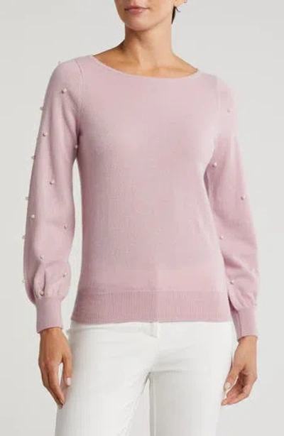 Sofia Cashmere Boat Neck Pearl Sleeve Cashmere Sweater In Light Pink