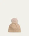 Sofia Cashmere Braided Knit Cashmere Beanie With Faux Fur Pom In Plaited Oatmeal