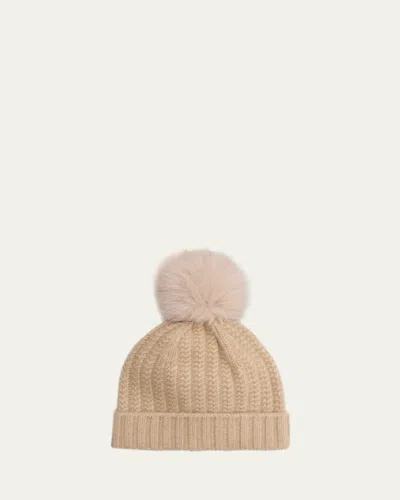 Sofia Cashmere Braided Knit Cashmere Beanie With Faux Fur Pom In Plaited Oatmeal