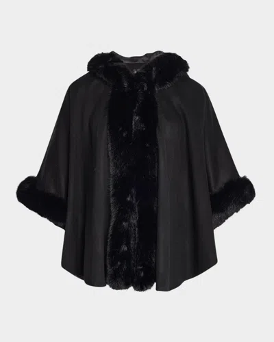 Sofia Cashmere Cape W/ Faux Fur Trim In Black
