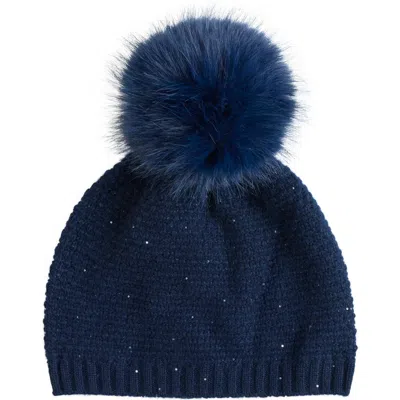 Sofia Cashmere Cashmere Beanie With Faux Fur Pom In Dark Navy