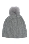 Sofia Cashmere Cashmere Cable Knit Genuine Shearling Pompom Beanie In Grey