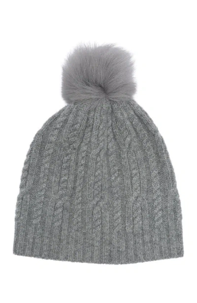 Sofia Cashmere Cashmere Cable Knit Genuine Shearling Pompom Beanie In Grey