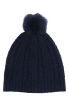 Sofia Cashmere Cashmere Cable Knit Genuine Shearling Pompom Beanie In Navy