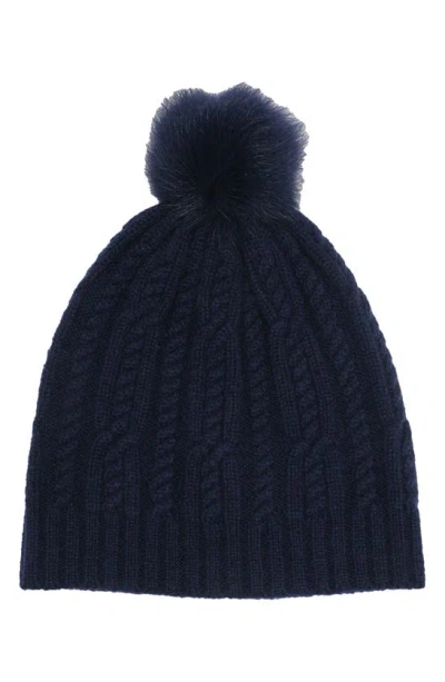 Sofia Cashmere Cashmere Cable Knit Genuine Shearling Pompom Beanie In Navy