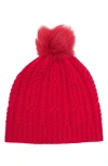 Sofia Cashmere Cashmere Cable Knit Genuine Shearling Pompom Beanie In Red