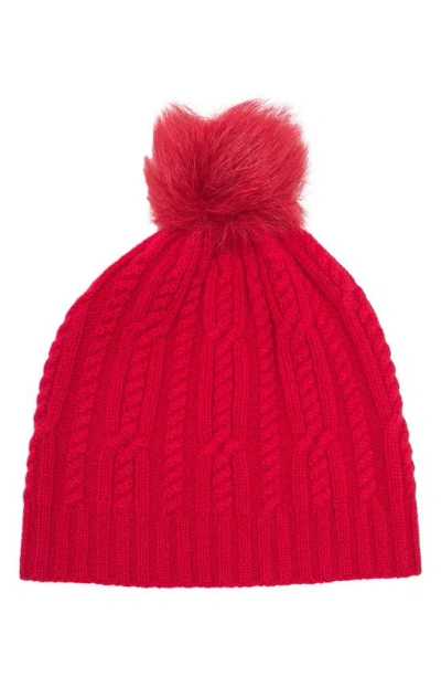 Sofia Cashmere Cashmere Cable Knit Genuine Shearling Pompom Beanie In Red