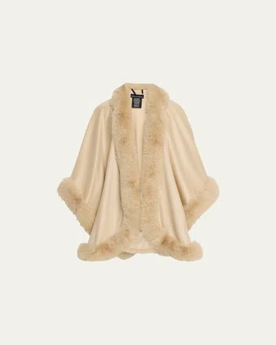 Sofia Cashmere Cashmere Cape With Faux Fur Trim In Champagne