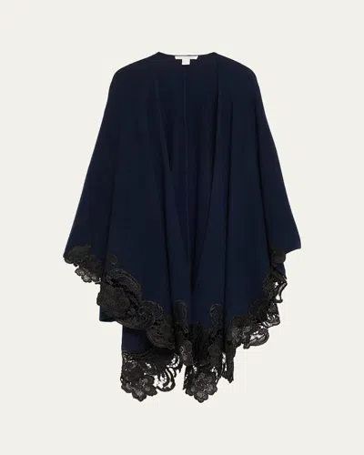 Sofia Cashmere Cashmere Cape With Lace Trim In Blue
