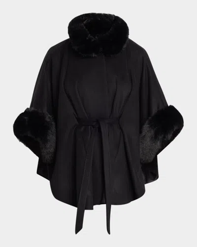 Sofia Cashmere Cashmere Shawl W/ Faux Fur Trim In Black