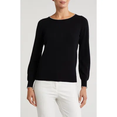 Sofia Cashmere Crewneck Imitation Pearl Cashmere Sweater In Black
