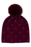 Sofia Cashmere Embellished Textured Cashmere Beanie With Faux Fur Pompom In Burgundy
