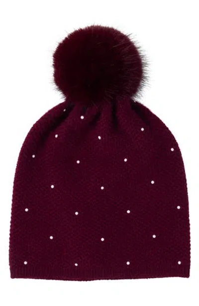 Sofia Cashmere Embellished Textured Cashmere Beanie With Faux Fur Pompom In Burgundy