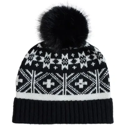 Sofia Cashmere Fair Isle Beanie With Faux Fur Pom In Black