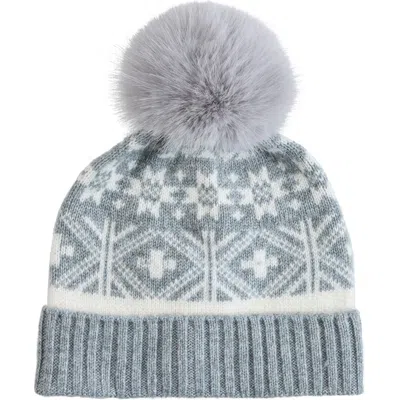 Sofia Cashmere Fair Isle Beanie With Faux Fur Pom In Grey
