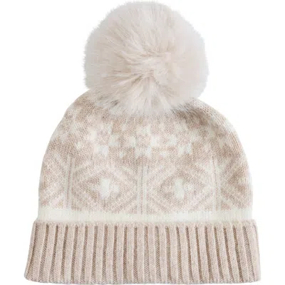 Sofia Cashmere Fair Isle Beanie With Faux Fur Pom In Oatmeal