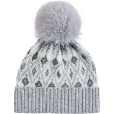 Sofia Cashmere Fair Isle Faux Fur Pom Beanie In Grey