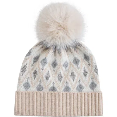 Sofia Cashmere Fair Isle Faux Fur Pom Beanie In Oatmeal