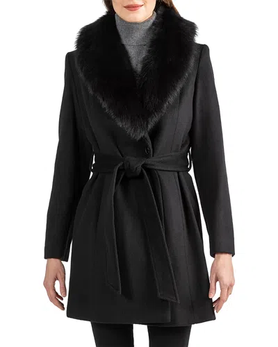 Sofia Cashmere Faux Fur Collar Wrap Coat In Black