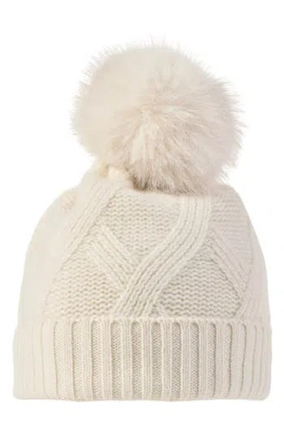 Sofia Cashmere Faux Fur Pom Diamond Cable Cashmere Knit Beanie In Ivory